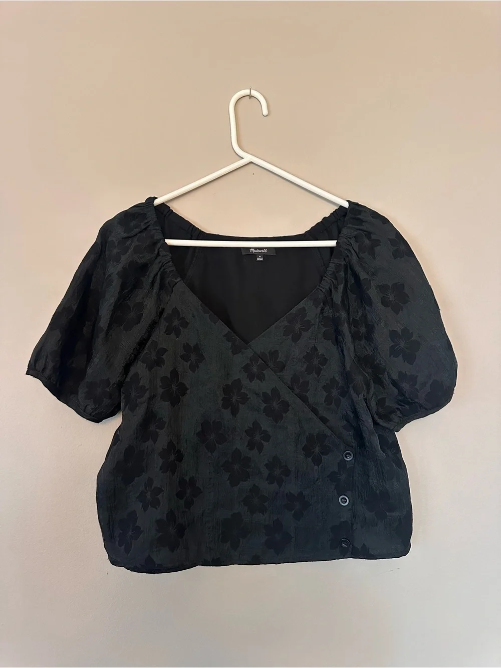 Madewell Black Floral Puff-Sleeve Wrap Blouse